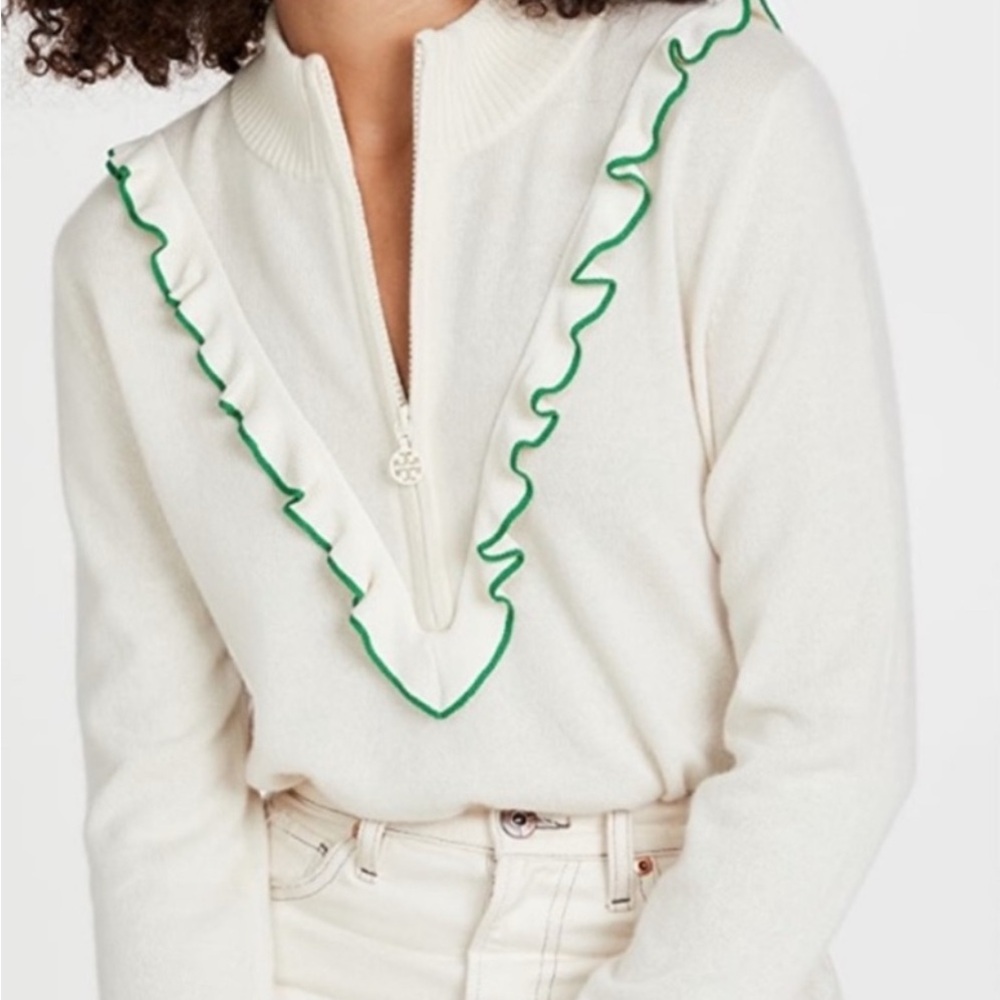 Tory Sport Green Trim cream ruffle tennis Sweater size medium